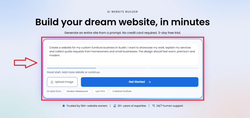 add prompt section of Bluehost AI website builder