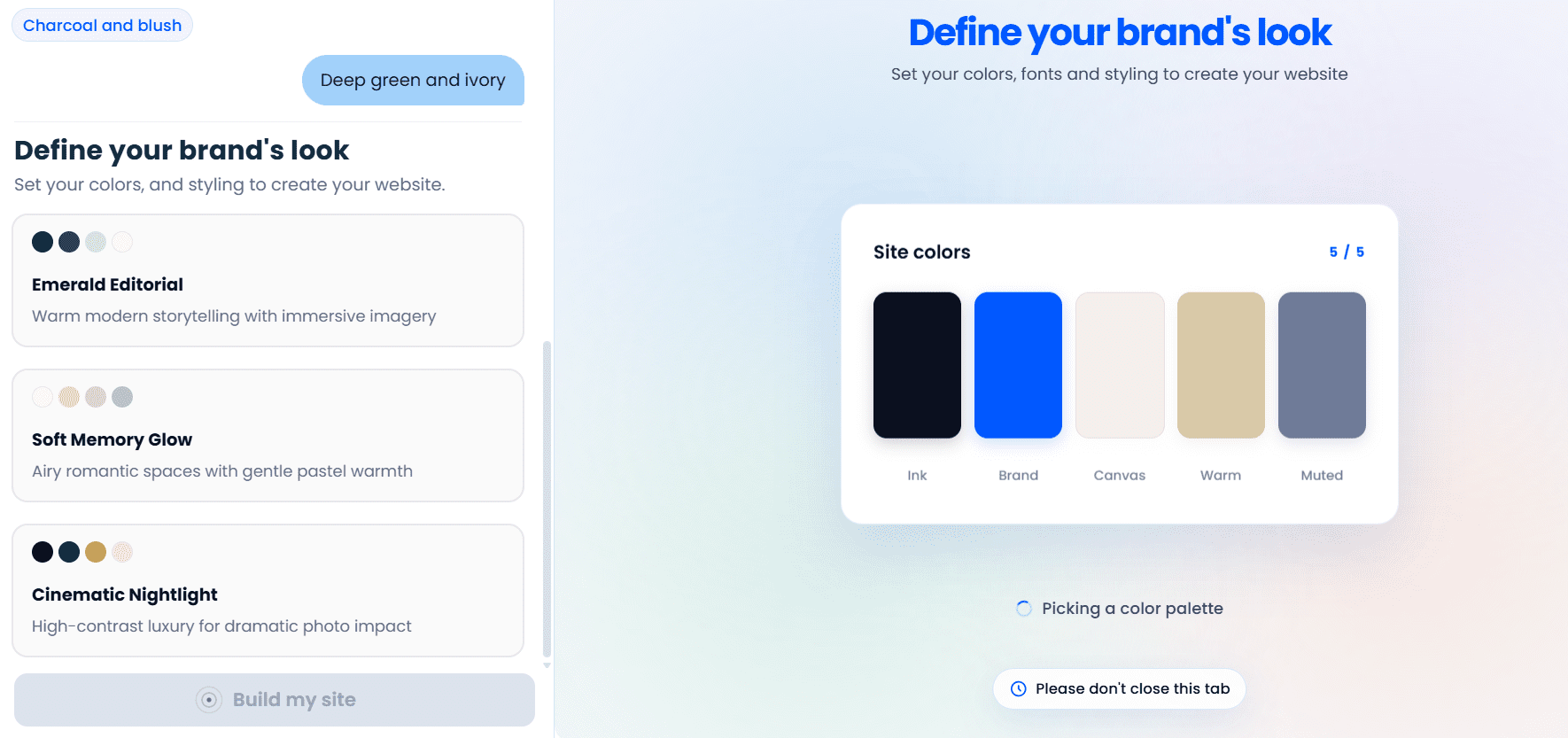 Bluehost AI website builder selecting brand color palette for a WordPress site