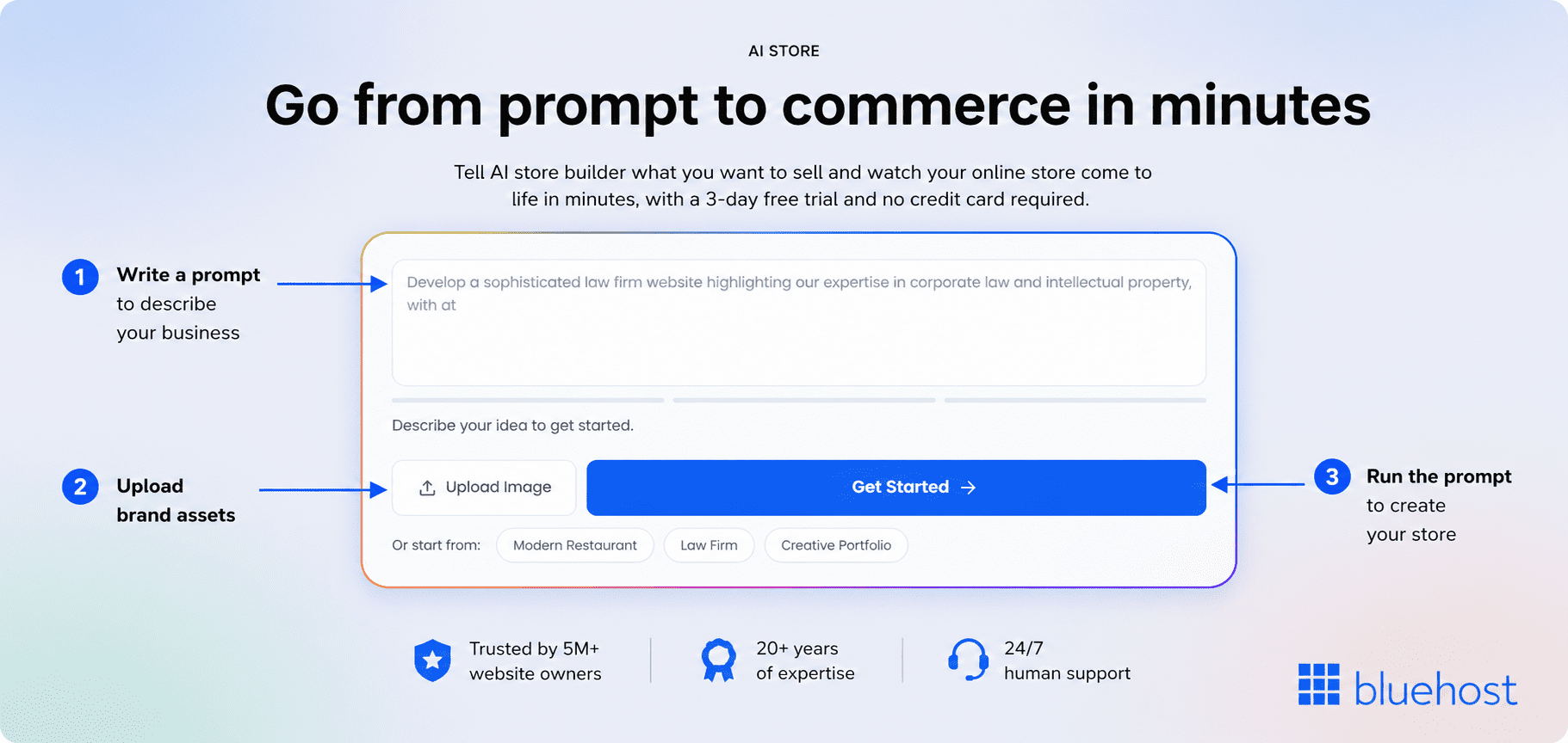 Bluehost AI Store is showing steps to create an online eCommerce shop from a prompt in minutes