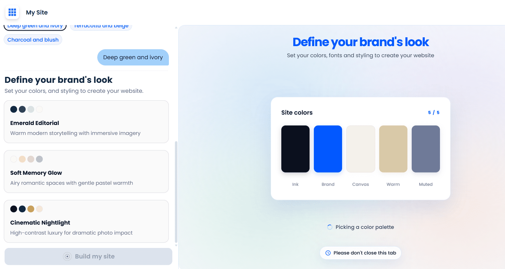Choose theme within AI website builder