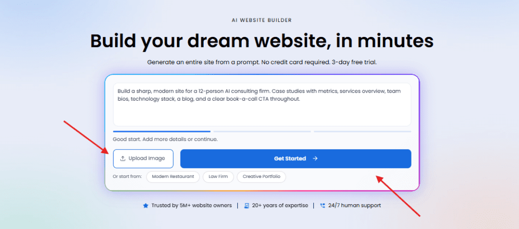 Bluehost AI Website Builder prompt box for creating an SEO-friendly business website.
