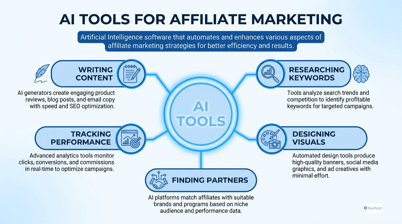 Infographic of AI tools for affiliate marketing: content, keywords, visuals, performance, partners