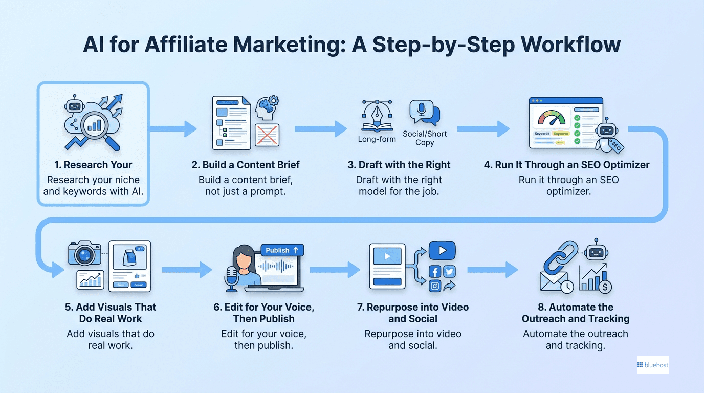 Marketer using AI tools for affiliate marketing on a laptop dashboard to automate growth