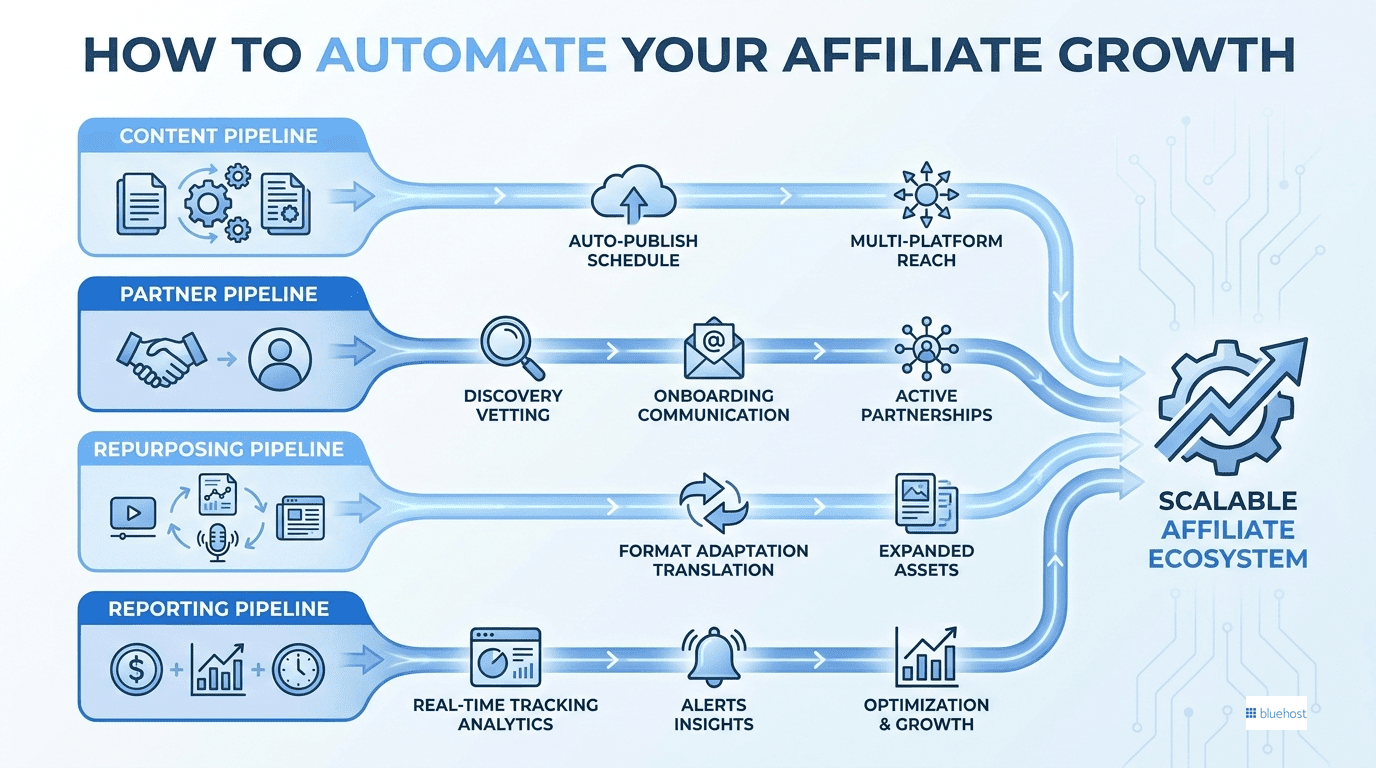 AI tools for affiliate marketing dashboard with automation icons boosting affiliate growth