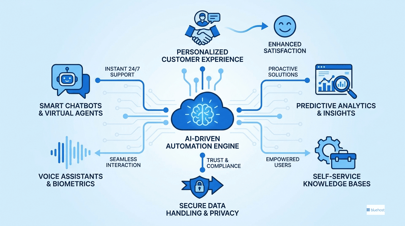 Infographic on what is customer service automation: AI, chatbots, analytics, self-service