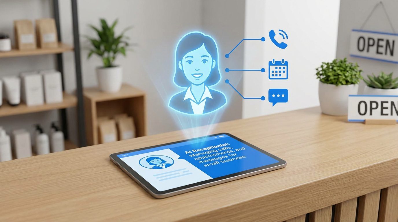 AI receptionist for small business handling calls, bookings, and messages on a shop counter