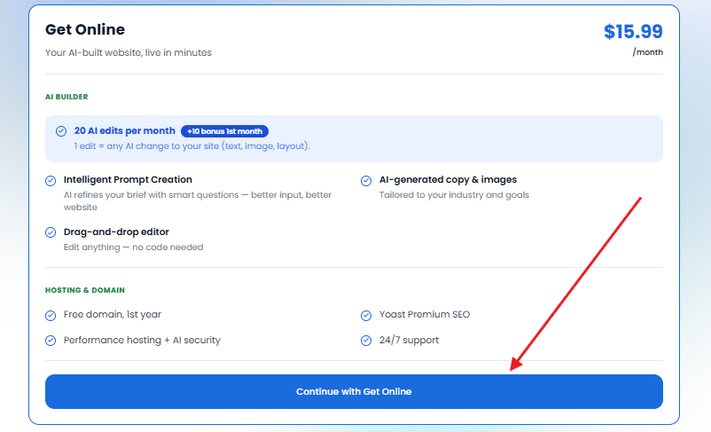 Bluehost AI website builder plan: 20 monthly edits, WordPress hosting, Continue with Get Online