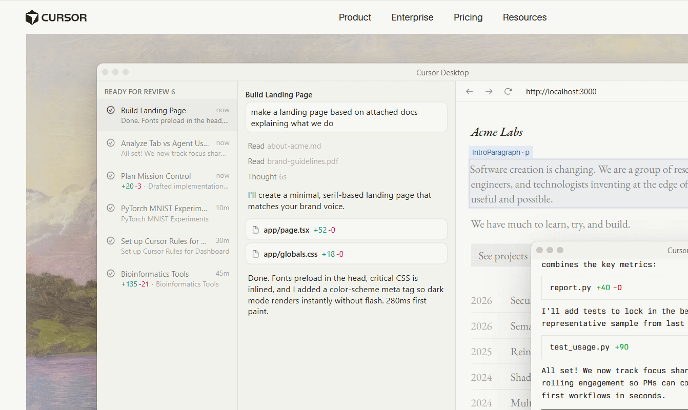 Cursor IDE screenshot for best AI coding assistant 2026, with tasks panel and code diffs