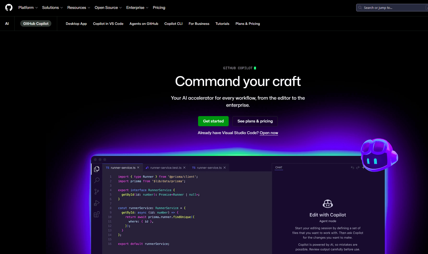 GitHub Copilot landing page highlighting code editor and mascot—best AI coding assistant 2026 pick
