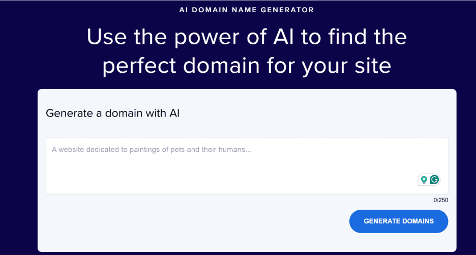 AI domain name generator step for how to create a website with WordPress in 2026