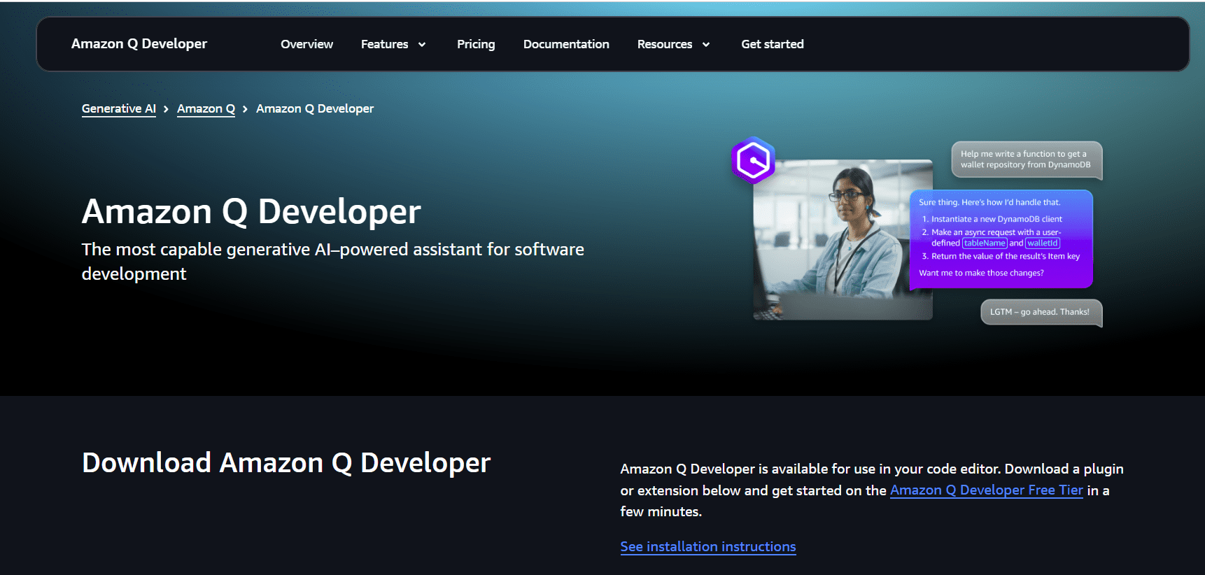 Amazon Q Developer screenshot with chat code help — a best AI coding assistant 2026 pick