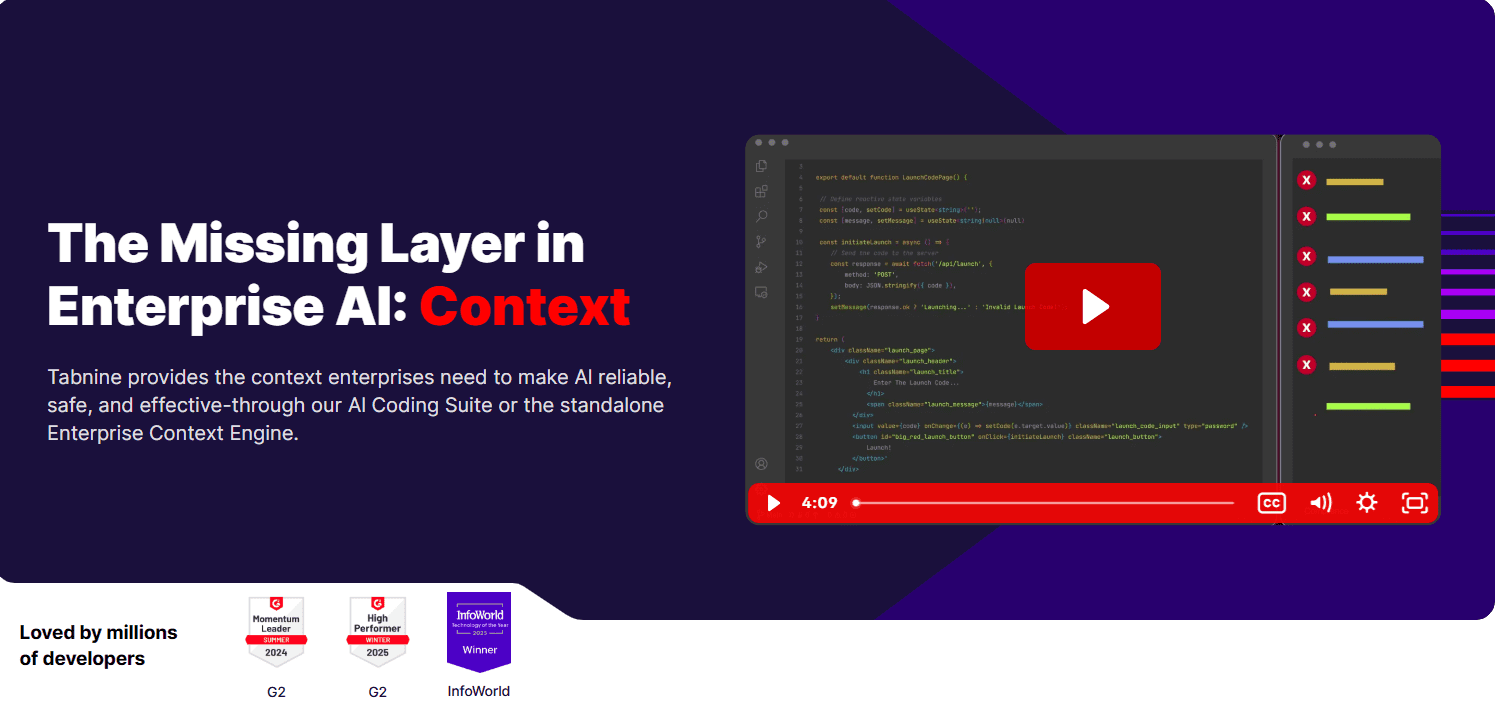 Tabnine promo: enterprise AI context, code editor video — best AI coding assistant 2026