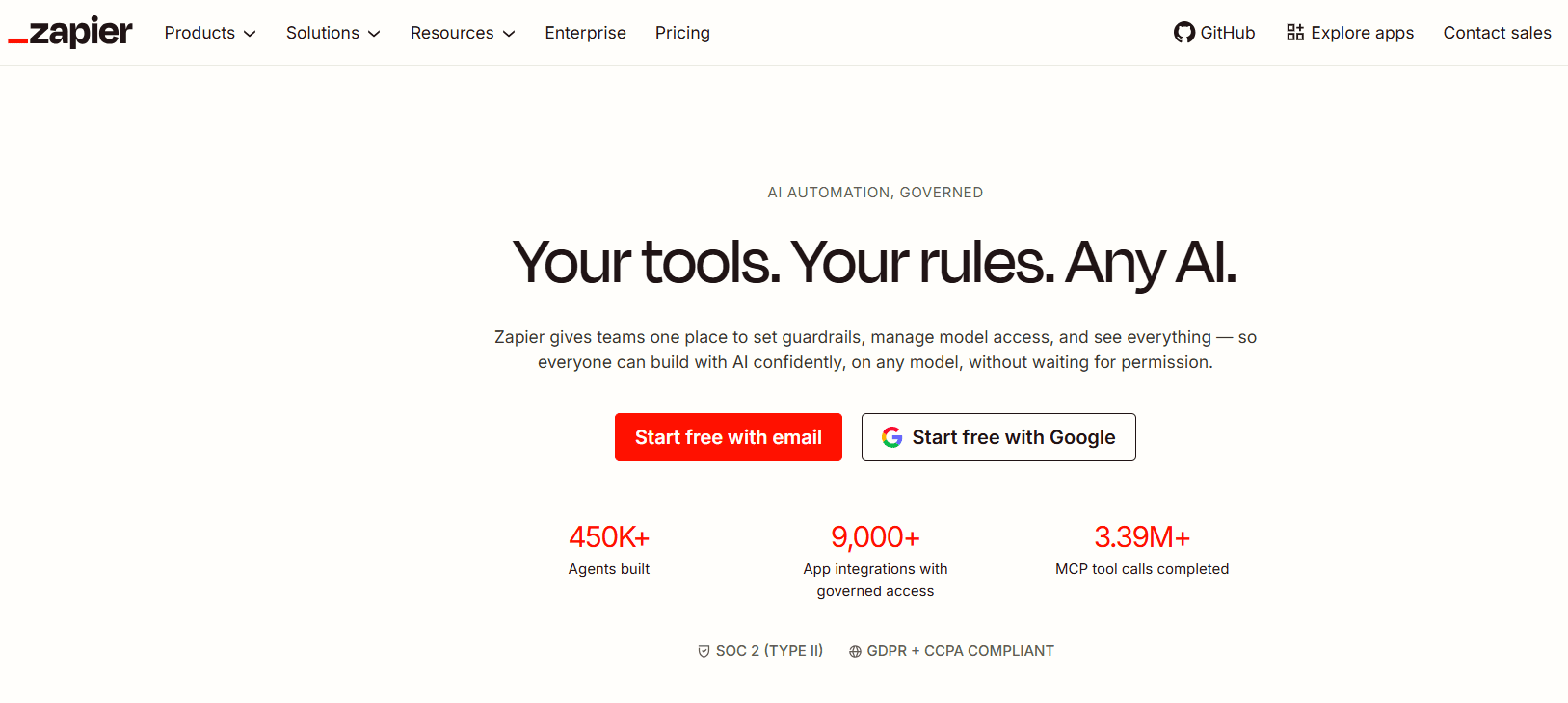 Zapier homepage showcasing AI automation and integrations for AI tools for affiliate marketing