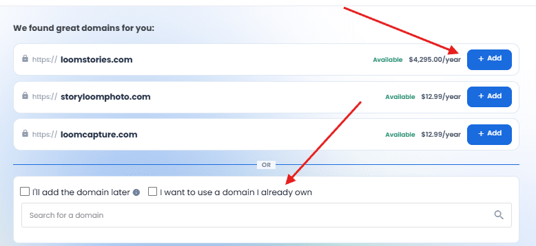 Bluehost AI website builder showing domain suggestions and an option to use your own
