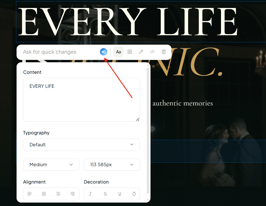 Bluehost AI website builder editing WordPress hero text with on-page quick changes