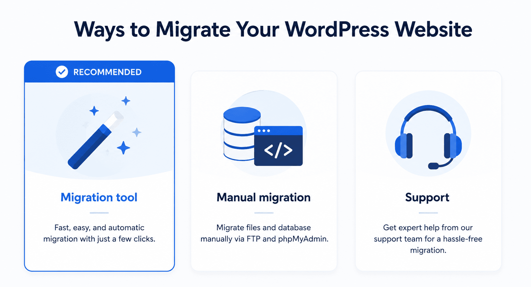 Guide to migrate WordPress site: plugin tool, database and files via FTP, or pro support
