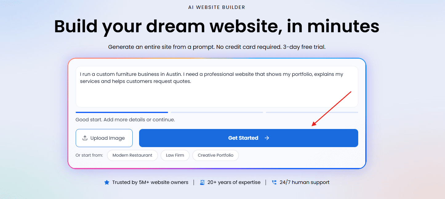 Bluehost AI website builder prompt and Get Started button for WordPress site creation