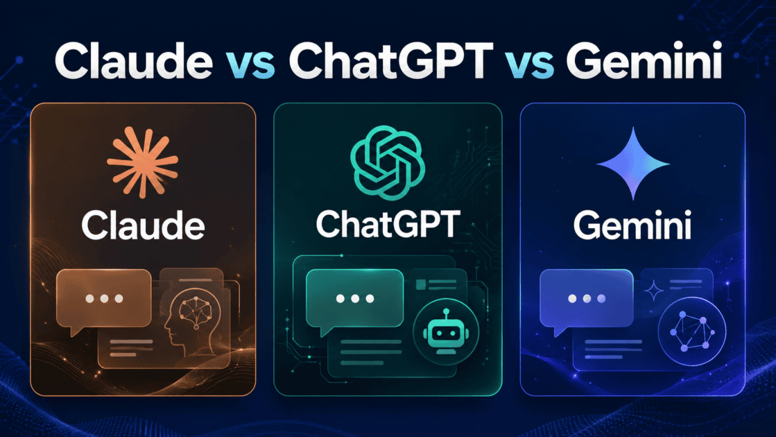 Claude vs ChatGPT vs Gemini comparison graphic with logos and chat icons for team selection