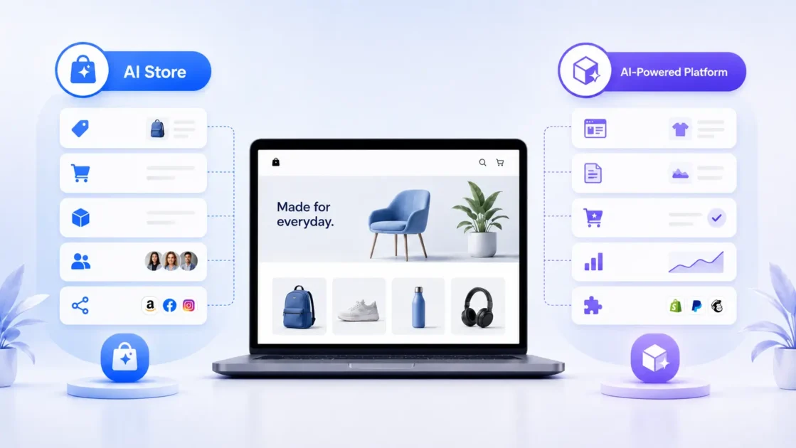 AI Store and AI-powered eCommerce platform connected to an online storefront with store management and commerce feature icons.