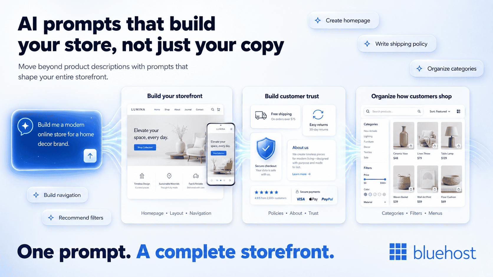 AI prompts for eCommerce store setup - Bluehost ai store builder