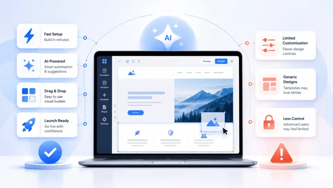 AI website builder interface on a laptop with icons showing its advantages and limitations.