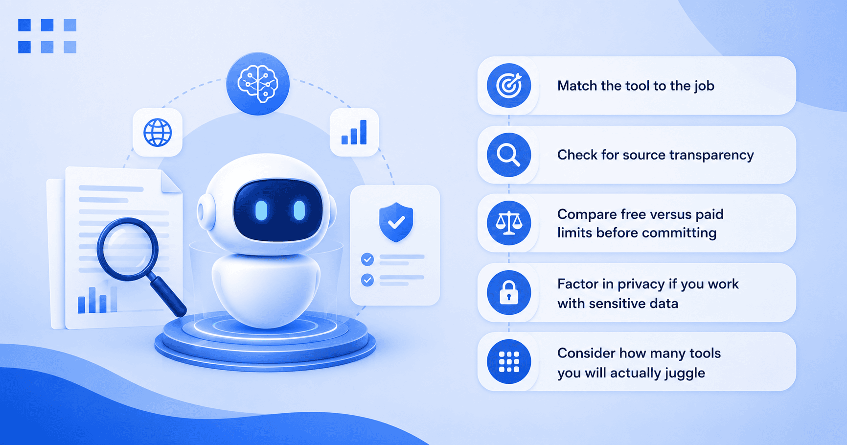 Robot guide with checklist and magnifying glass showing 2026 tips for choosing AI research tools