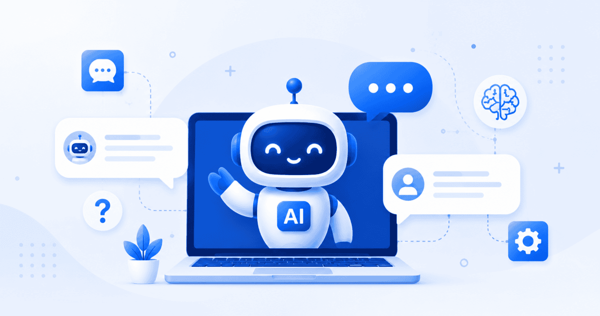 What is an AI chatbot: friendly bot on laptop with chat bubbles, brain and gear icons