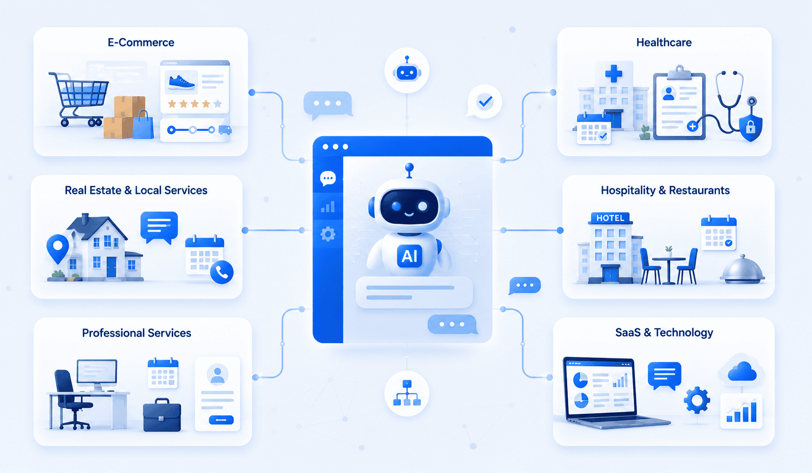 What is an AI chatbot: uses across e-commerce, healthcare, real estate, hospitality, SaaS.