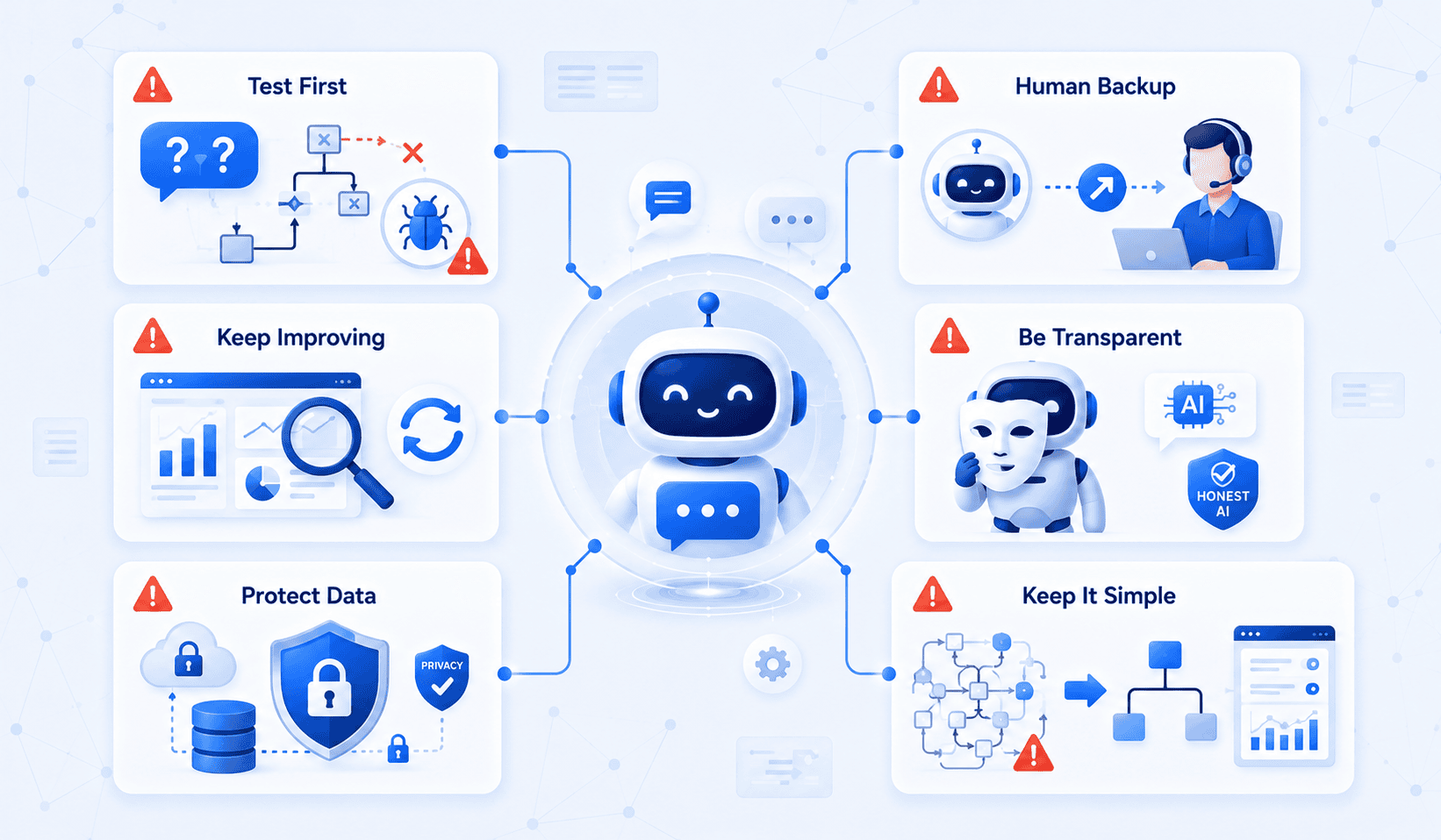 What is an AI chatbot: infographic on testing, human handoff, privacy, and customer service