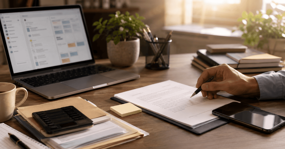 Small business desk showing routine admin tasks handled on one side and a human hand pausing on a decision on the other, illustrating what OpenClaw can and shouldn't handle for small business admin.
