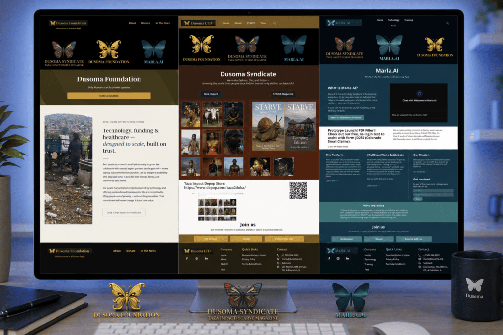 Desktop monitor displaying the Dusoma ecosystem, featuring the Dusoma Foundation, Dusoma LTD, and Marla.AI websites side by side, with their three butterfly brand marks showcased below in a modern workspace.