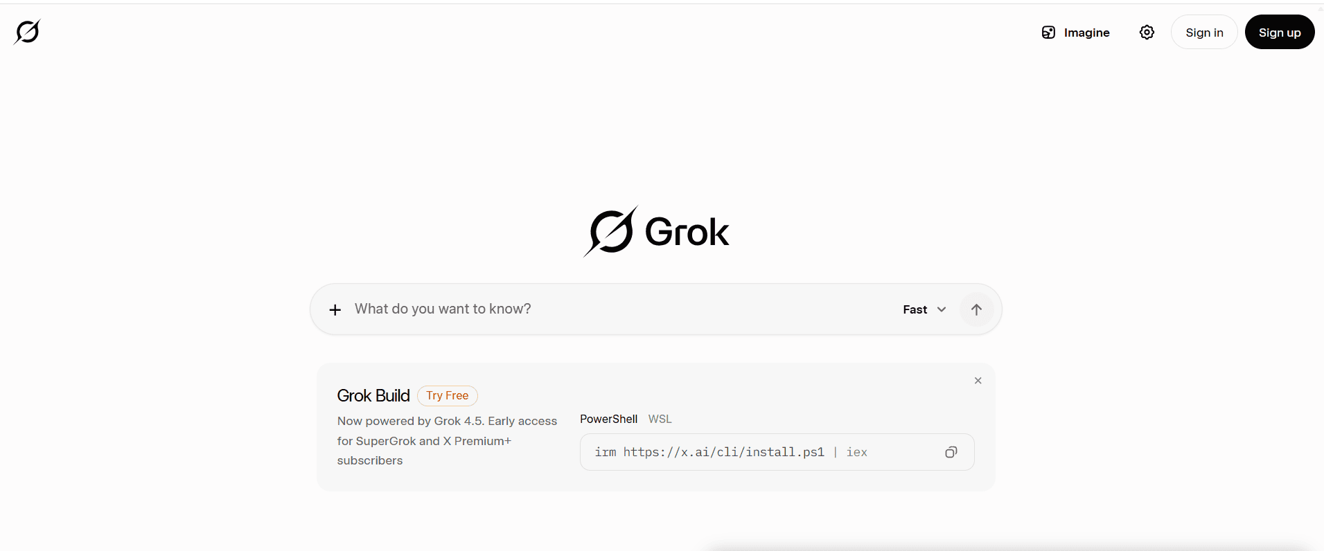 Grok homepage UI with prompt bar and Build install code, showcased in our best ChatGPT alternatives