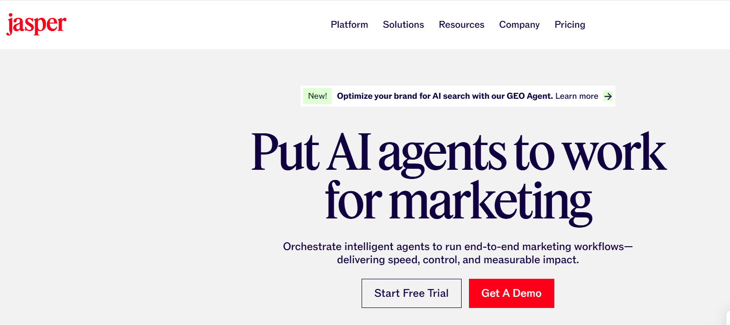Jasper AI homepage promoting marketing agents—featured in best ChatGPT alternatives 2026 guide