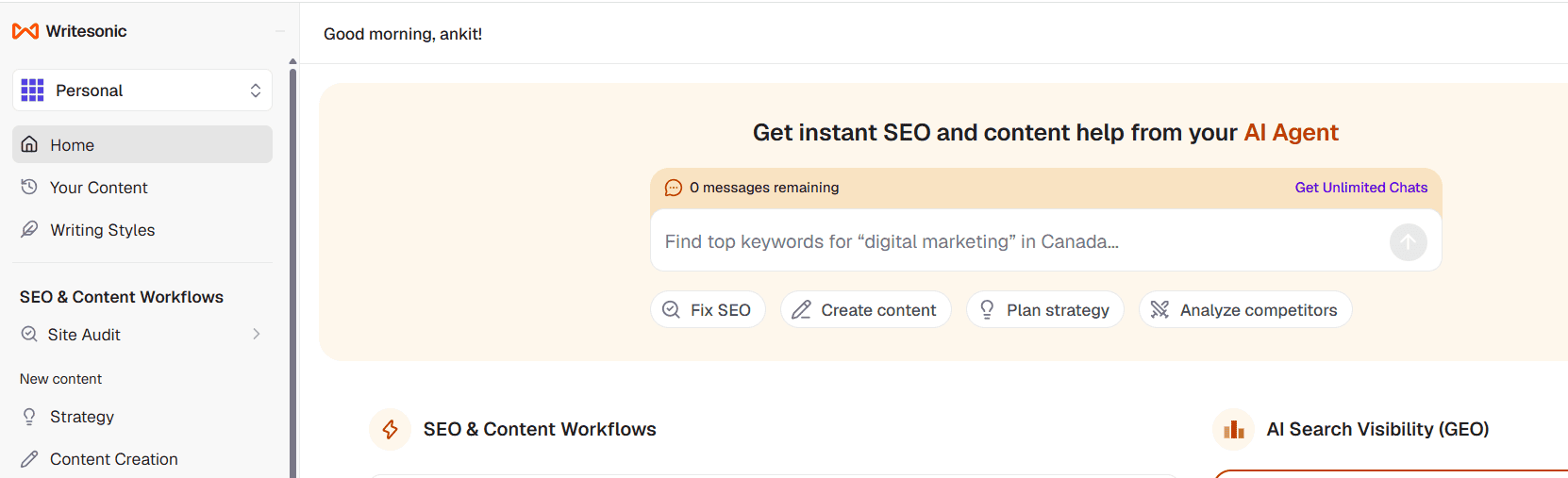 Writesonic home screen showing SEO and content tools in our best ChatGPT alternatives review