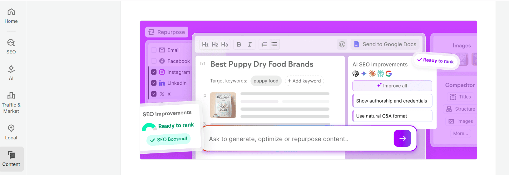 AI writing dashboard with Ready to rank SEO tips, in our best ChatGPT alternatives comparison