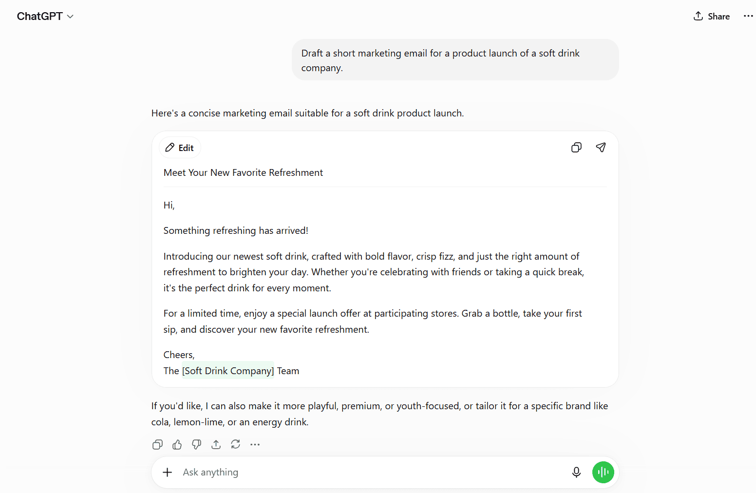 ChatGPT drafting a soft drink launch email—everyday task in Gemini vs ChatGPT comparison