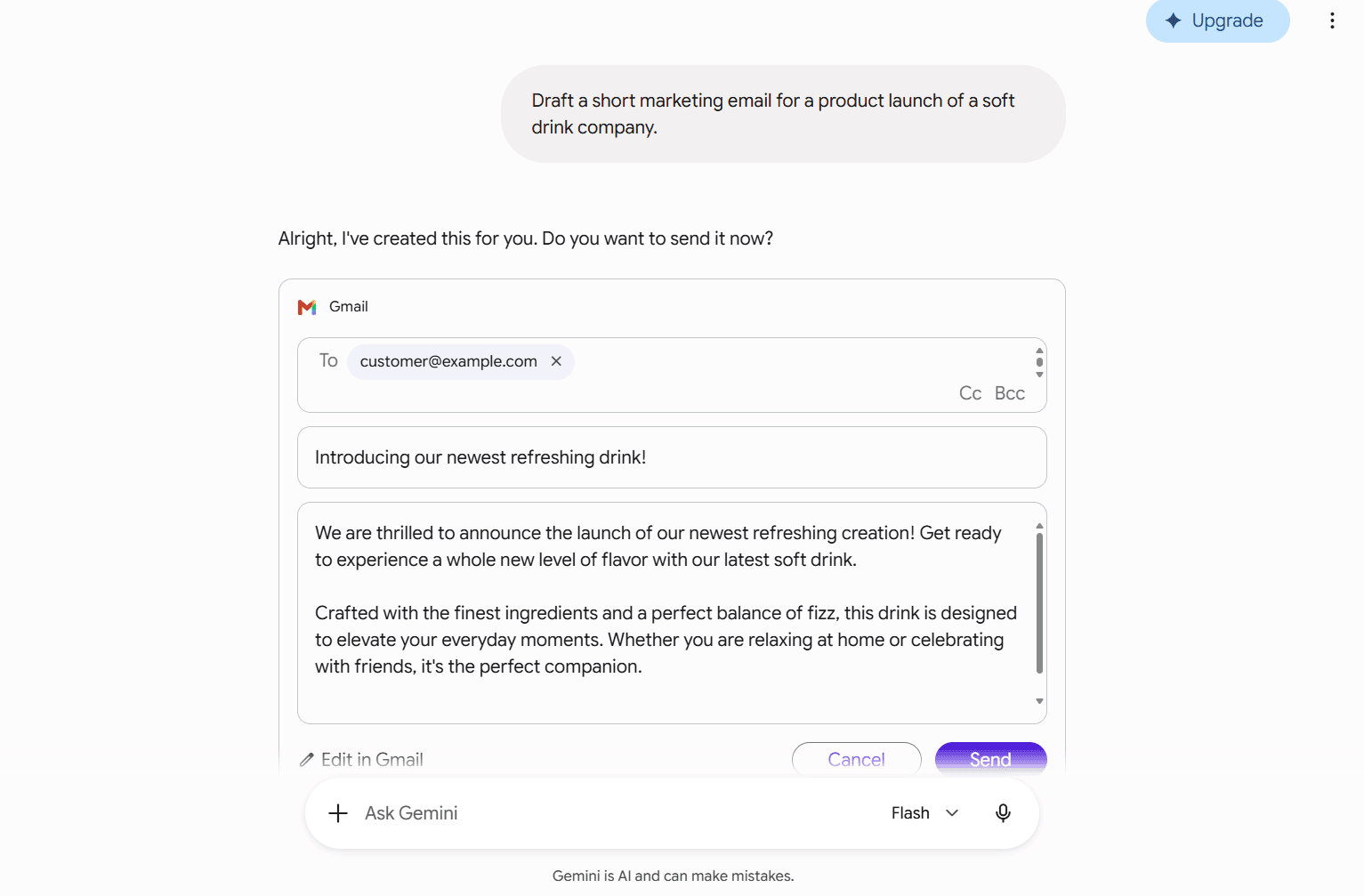 Gemini vs ChatGPT: screenshot of Gemini drafting a marketing email in Gmail for everyday use