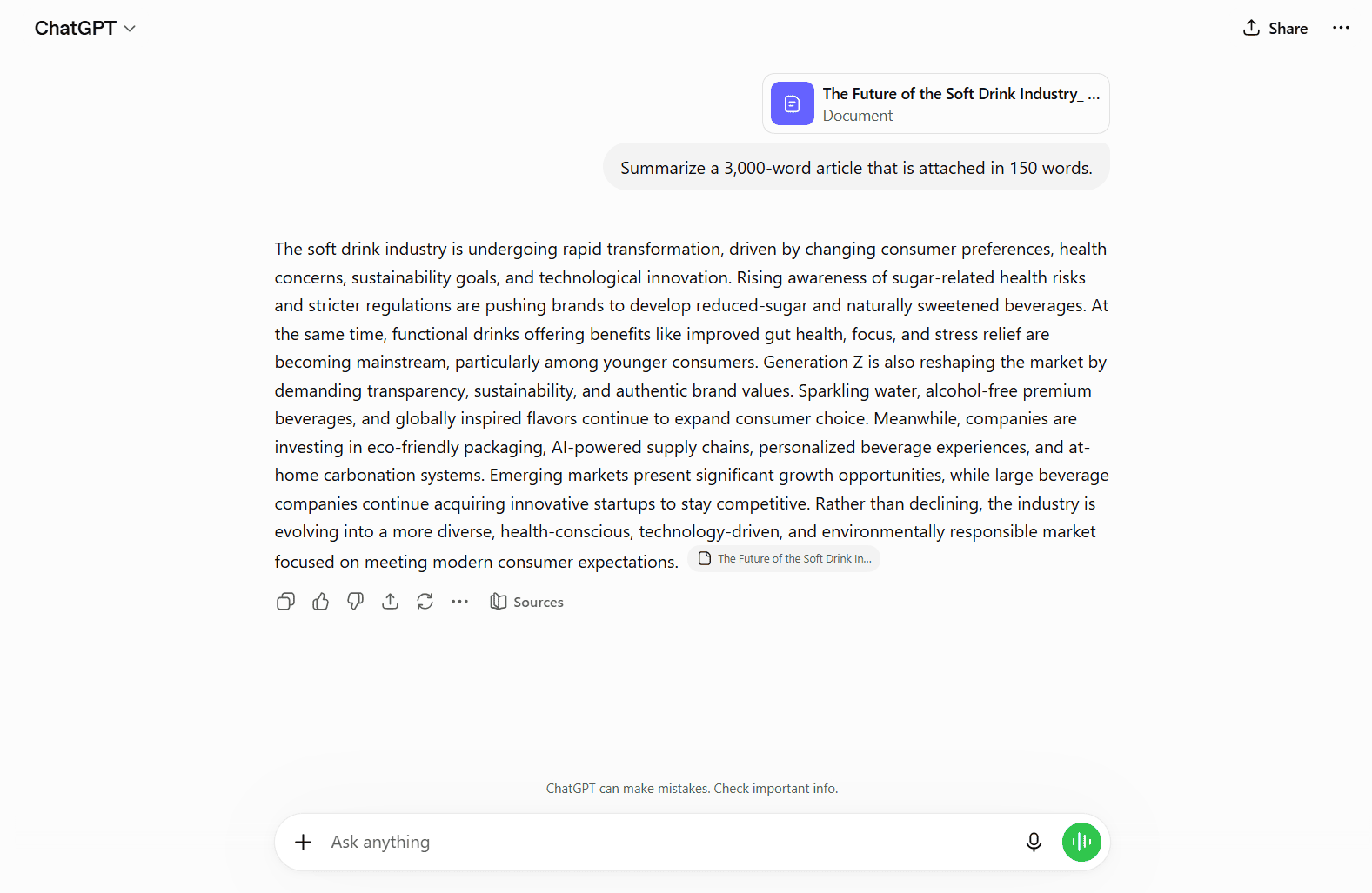 Gemini vs ChatGPT screenshot: ChatGPT summarizing a document in a desktop chat interface