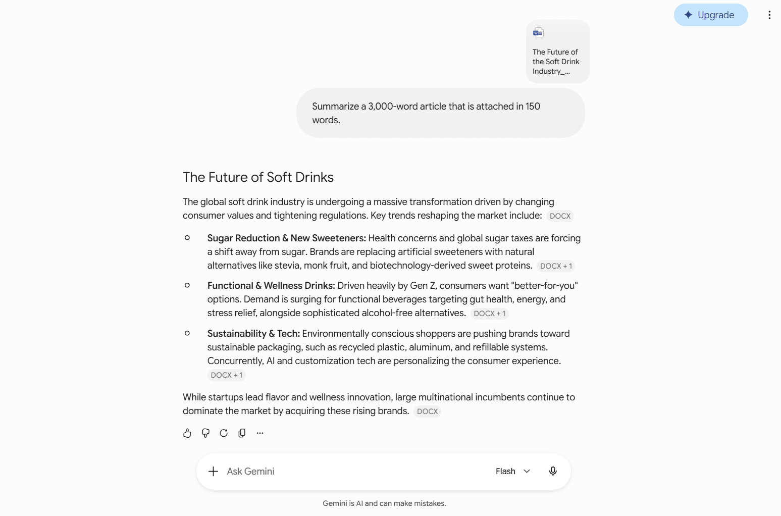 Gemini summarizing a soft drinks report, showcasing response style for Gemini vs ChatGPT