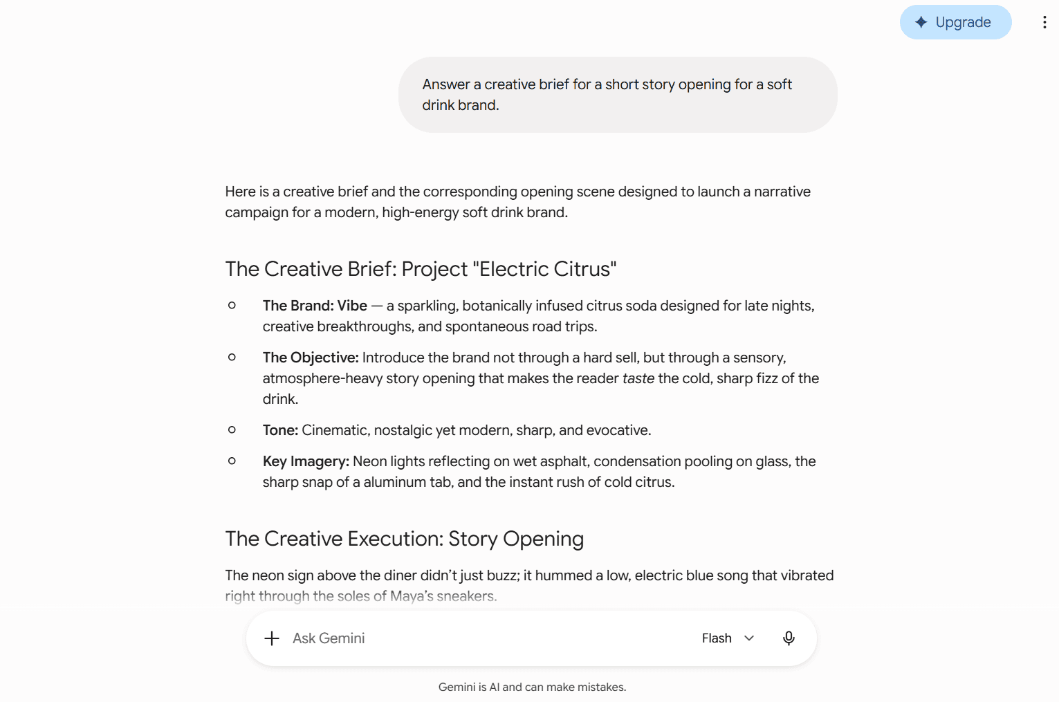 Gemini interface generating a creative brief and story sample, for Gemini vs ChatGPT comparison