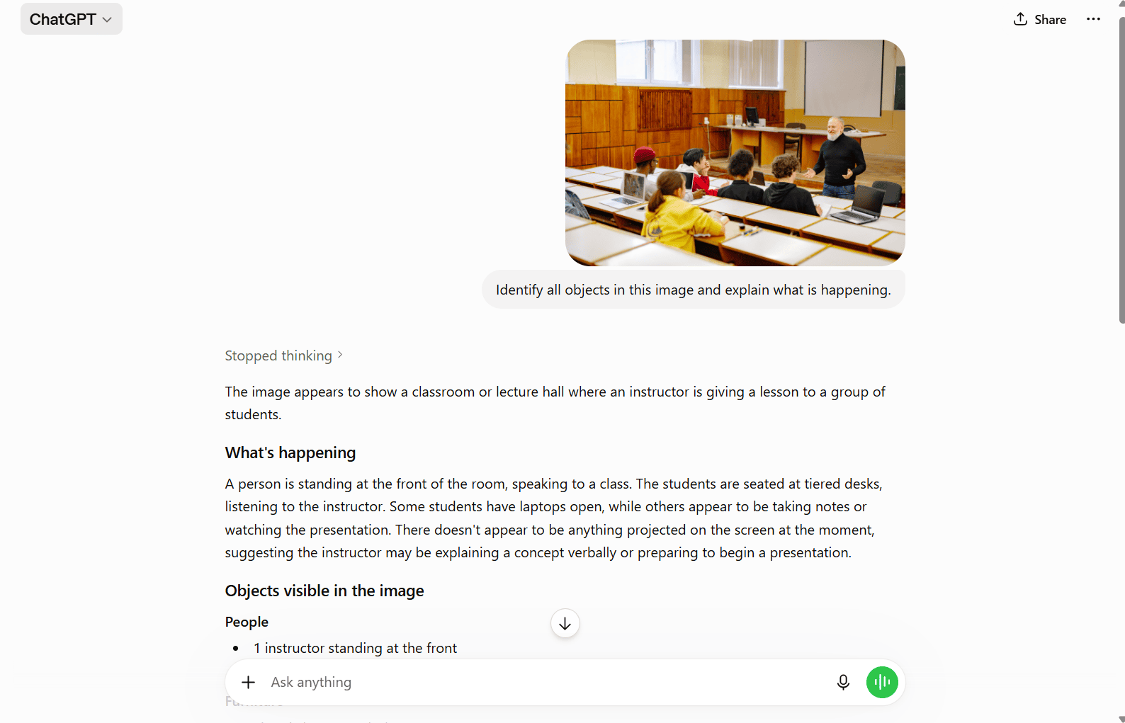 Screenshot of ChatGPT analyzing a classroom photo for a Gemini vs ChatGPT comparison article