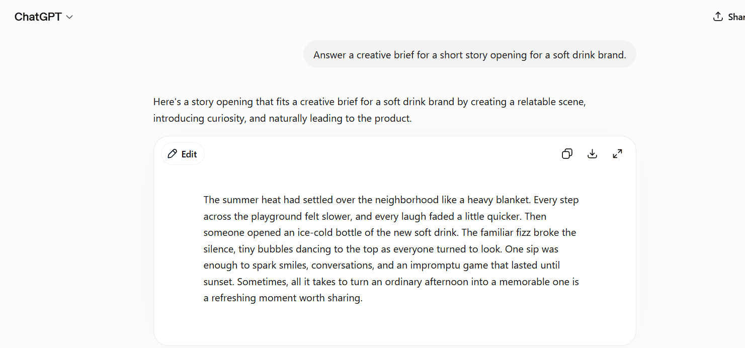 Gemini vs ChatGPT: ChatGPT crafting a soft drink brand story from a creative brief on screen