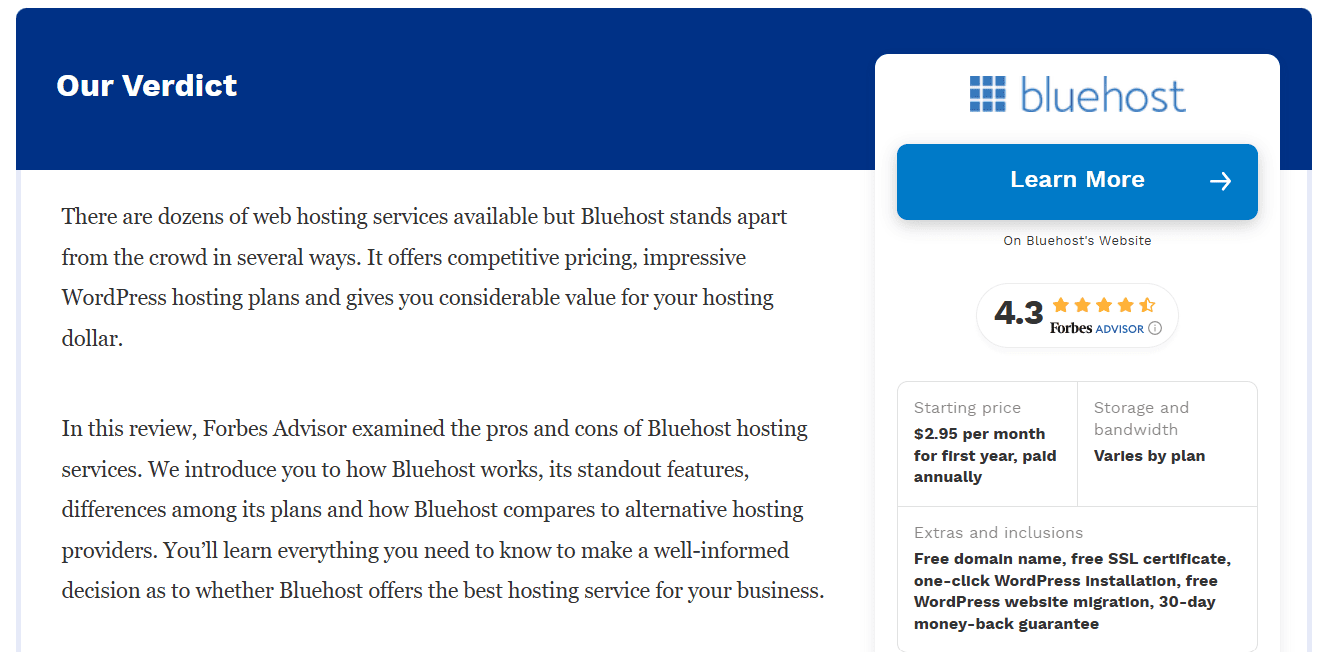 Bluehost review by Forbes