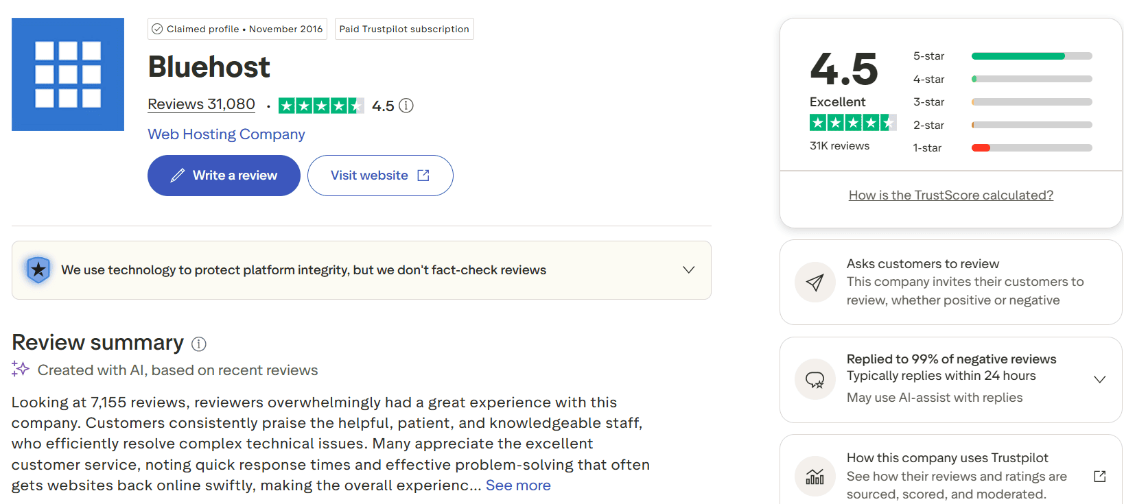 Bluehost Trustpilot review