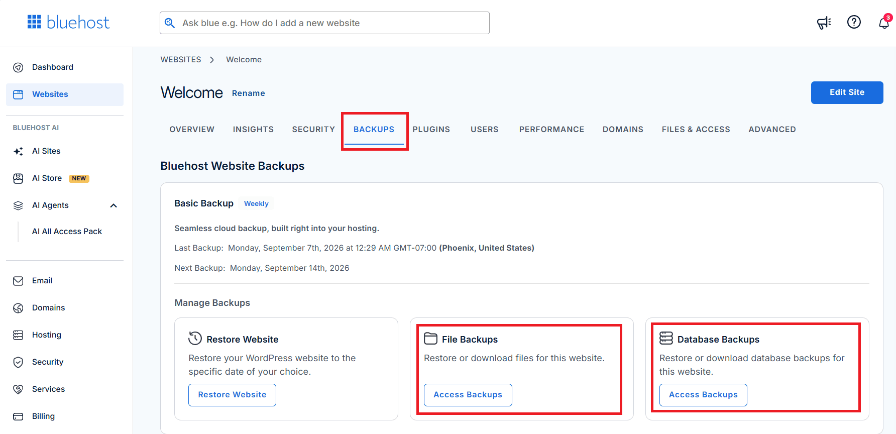 Bluehost dashboard showing options to access backups