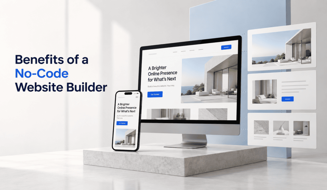 Benefits of a no-code website builder shown with drag-and-drop templates on desktop and mobile
