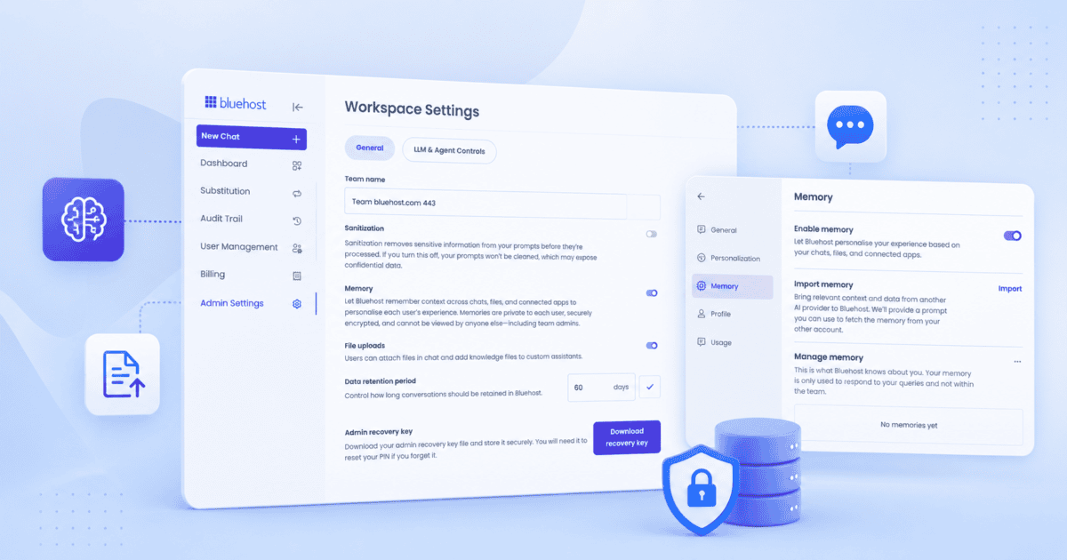 AI All-Access Pack feature update: Bluehost settings showing chat memory and import memory