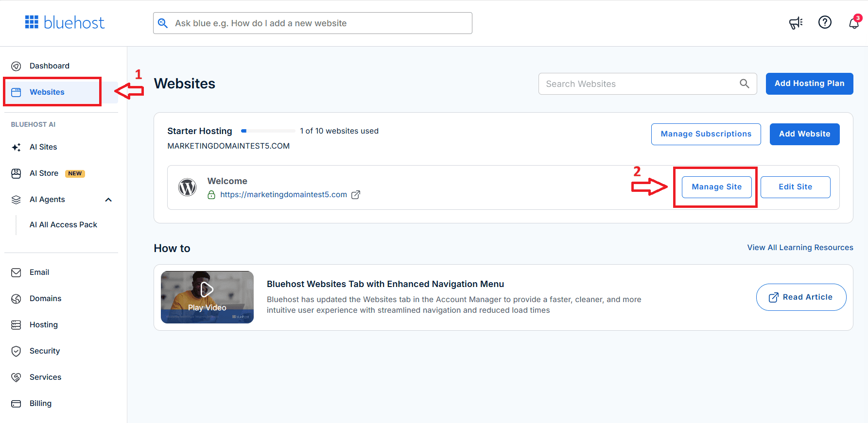 Bluehost dashboard showing Websites > Manage Site steps on how to back up a WordPress site