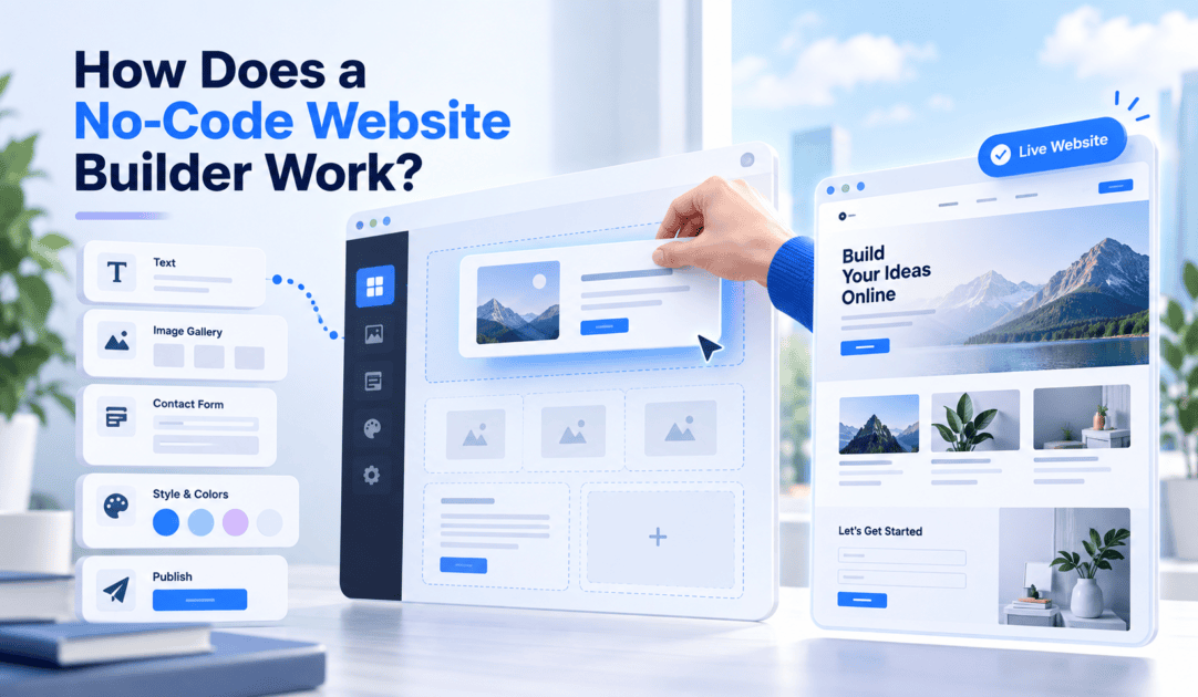 Drag-and-drop editor showing how to use a no-code website builder to design and publish - How does a no code website builder - Bluehost ai website builder