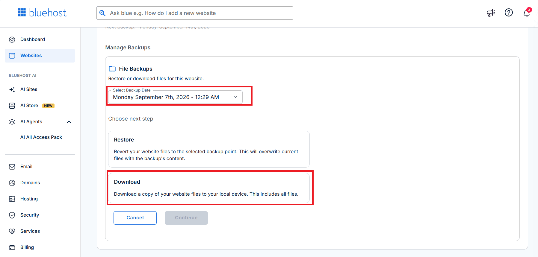 dashboard to download your backup